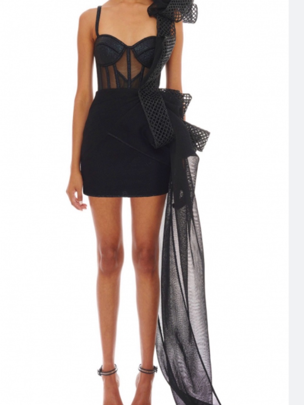 Black Mini Cocktail Dress with Mesh Bodice and Dramatic Bow
